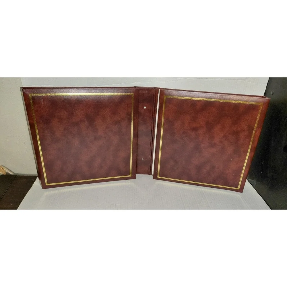 VTG Faux Leather Gold Maroon Fold Out Photo Card Collection Album Clear Sleeves